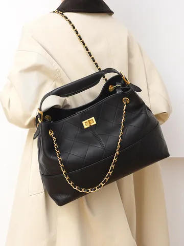 Dames Ruitpatroon Emmer Tas PU Suède-look Patchwork Handtas Met Gouden Ketting Grote Capaciteit Pendelen Schoudertas