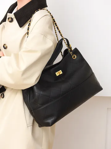 Dames Ruitpatroon Emmer Tas PU Suède-look Patchwork Handtas Met Gouden Ketting Grote Capaciteit Pendelen Schoudertas