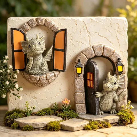 Figura de Dragón Dinosaurio de Resina Decoración de Jardín Cuento de Hadas Dragón Abriendo Ventana Puerta Estatua Adorno de Artesanía para Patio