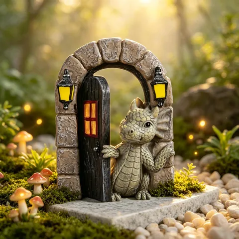 Figura de Dragón Dinosaurio de Resina Decoración de Jardín Cuento de Hadas Dragón Abriendo Ventana Puerta Estatua Adorno de Artesanía para Patio