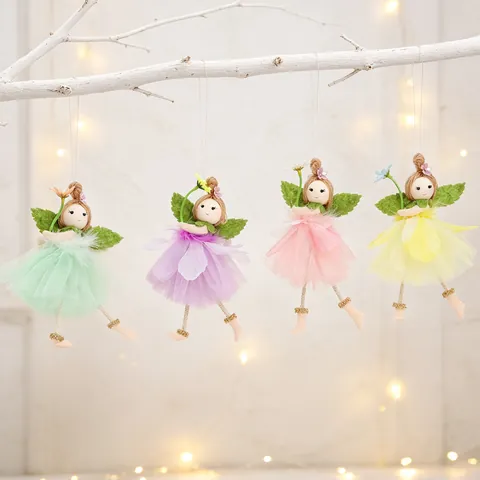 Handmade Fairy Angel Doll Hanging Ornament With Mesh Skirt And Leaf Wings For Easter Spring Home Party Decor Gift