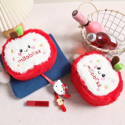 Apfelform Plüsch Kosmetiktasche Süße Cartoon Make-up Beutel Mit Reißverschluss Stickerei Für Frauen Mädchen Kinder Neuheit