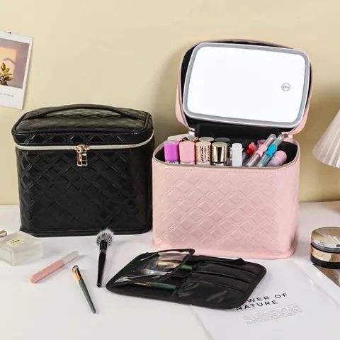 Makeup Case With LED Mirror Quilted PU Leather Travel Cosmetic Bag Portable Large Capacity Dimmable Light Vanity Organizer