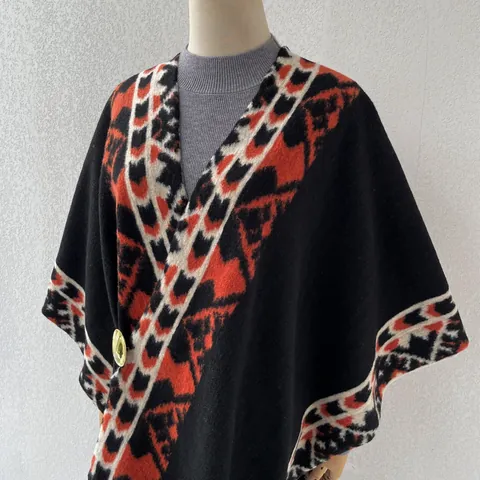 Vintage Ethnic Geometric Jacquard Tassel Poncho Shawl For Women Warm Cashmere Like Polyester Open Front Wrap Autumn Winter