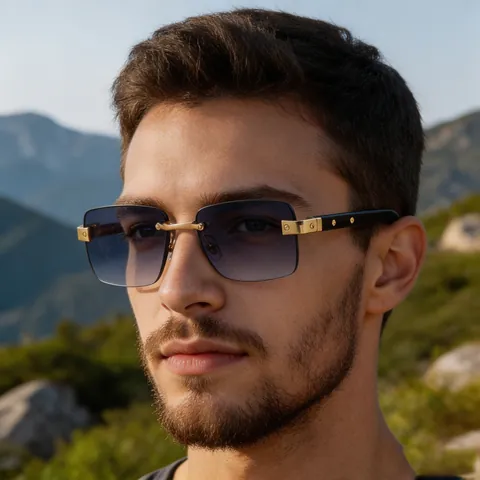 Herren Rechteck Randlose Sonnenbrille UV400 Metall C Dekor Holzmaserung PC Rahmen Mode Sonnenschutz Outdoor Autofahren Brille
