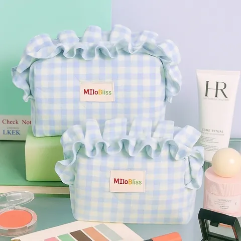 Neceser De Maquillaje Poliéster Acolchado Patrón Cuadros Gingham Borde Con Volantes Cremallera Almacenamiento Cosmético Dulce Mujeres