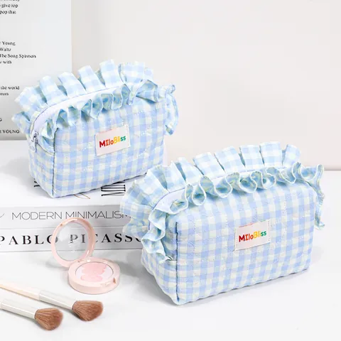 Neceser De Maquillaje Poliéster Acolchado Patrón Cuadros Gingham Borde Con Volantes Cremallera Almacenamiento Cosmético Dulce Mujeres