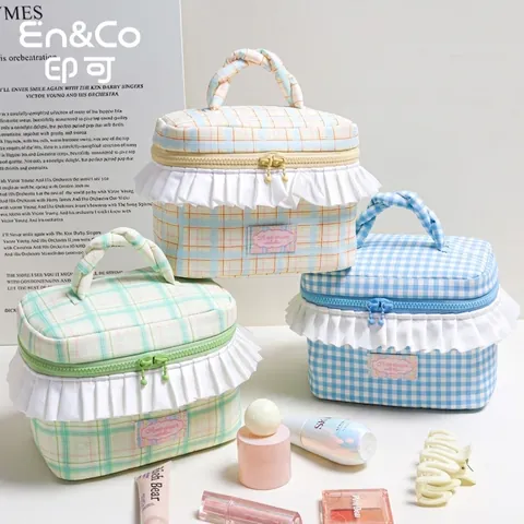 Borsa Per Cosmetici A Quadretti Stile Giapponese Grande Capacità Con Volant Manico Da Viaggio Organizzatore Sweet Dream