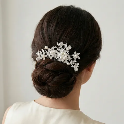 Silver Alloy Floral Bridal Hair Comb With Rhinestone And Artificial Pearl Elegant Vine Hair Piece For Wedding Party Women