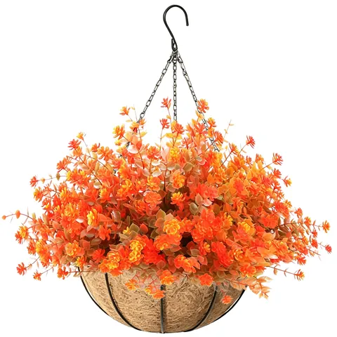 Artificial Autumn Eucalyptus Hanging Basket Orange Flowers Soft PVC Plants With Metal Frame Coconut Fiber Liner Home Garden Outdoor Decor