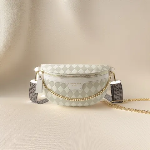 Women Fashion Diamond Lattice Chest Bag Oxford Cloth Crossbody Waist Bag With Metal Chain And Wide Strap Casual Bag