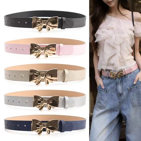 Women's Elegant PU Leather Belt With Golden Bow Buckle Versatile Shiny Waistband For Jeans Dresses Fashion Accessories