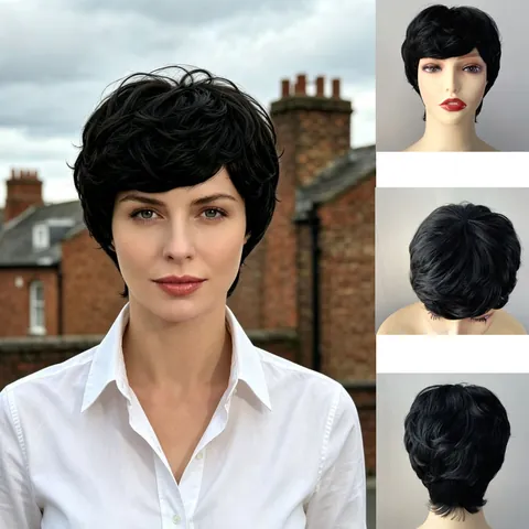 Women Short Pixie Cut Curly Wigs For African High Temperature Synthetic Fiber Afro Style Hairpieces Natural Black Brown Gray Wigs