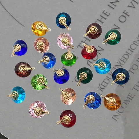 Natural Stone Crystal Faceted Round Pendant With Rose Flower Heart Metal Patch For DIY Jewelry Making Accessories