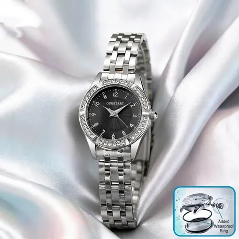 Luxury Women Fashion Quartz Watch Small Dial Rhinestone Bezel Alloy Link Bracelet Wristwatch Analog Display Water Resistant Casual Jewelry Watch Gift
