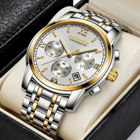 KINGNUOS Luxe Heren Quartzhorloge Roestvrijstalen Band Lederen Band Lichtgevende Kalender Zakelijke Mode Jurk Polshorloge