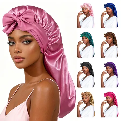 Cuffia da Notte in Raso Donna con Fiocco Extra Large Coda Lunga per la Cura dei Capelli Berretto Notturno Traspirante Elastico