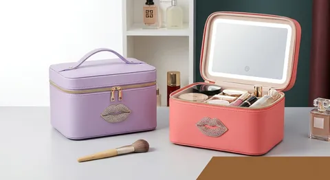 LED Makeup Bag With Mirror PU Leather Rhinestone Lip Pattern Portable Professional Cosmetic Organizer Travel Storage