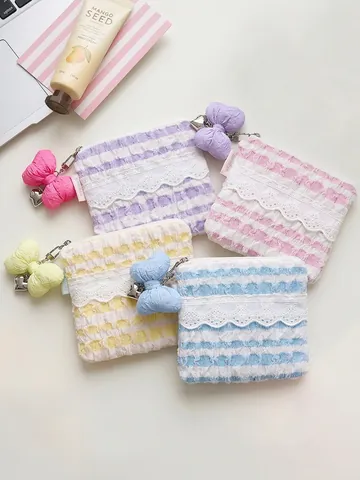 Bolsa De Cosméticos Textura De Burbuja Ribete De Encaje Estuche Con Cremallera Colgante De Lazo Corazón Neceser Portátil Mujer