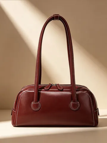 Vintage Minimalistisch PU Leer Onderarm Tas Contraststiksel Bowling Schoudertas Commuter Tote Handtas Voor Vrouwen