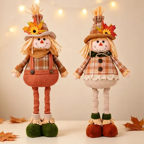 Thanksgiving Fall Harvest Scarecrow Doll With Telescopic Legs Autumn Plaid Fabric Ornament Sunflower Maple Leaf Home Party Decor