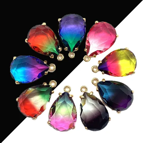 Faceted Crystal Waterdrop Pendant With Gold Plated Alloy Frame Gradient Color Teardrop Charm For DIY Jewelry Necklace Making