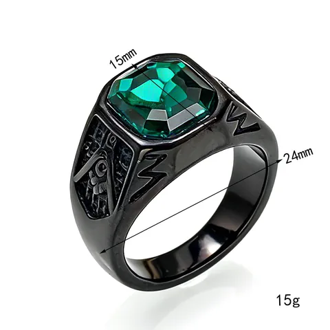 Vintage Men Stainless Steel Masonic Signet Ring With Large Rectangular Rhinestone Gemstone Hip Hop Punk Jewelry Ring
