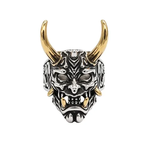 Retro Hannya Mask Ring For Men Titanium Steel Long Horn Ghost Face Ring Punk Gothic Style Gold Silver Two Tone Jewelry