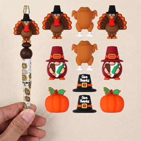 Thanksgiving 3D Silicone Beads For DIY Jewelry Making Turkey Gnome Pumpkin Roasted Turkey pilgrim Hat Shapes For Beadable Pen Necklace Decorative Beads