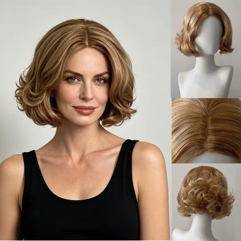 Women Short Curly Bob Wig Middle Part Light Brown Blonde Heat Resistant Synthetic Hair Wavy Fashion Bobo Style Daily Party Wig