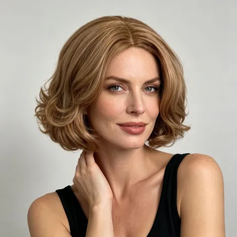 Women Short Curly Bob Wig Middle Part Light Brown Blonde Heat Resistant Synthetic Hair Wavy Fashion Bobo Style Daily Party Wig