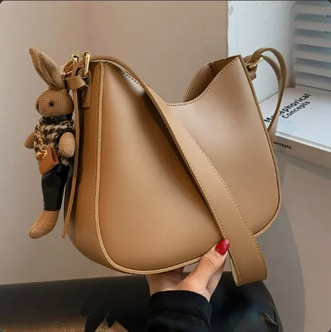 Women Vintage PU Leather Half Moon Hobo Bag Large Capacity Crossbody Shoulder Bag With Rabbit Charm For Daily Minimalist Tote