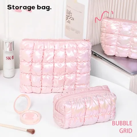 Iridescent Quilted Makeup Bag Puffy Grid Cosmetic Pouch Water Resistant Travel Toiletry Organizer Case For Women Girls