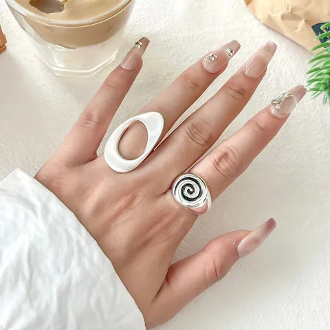 Geometric Vortex Enamel Open Ring For Women Minimalist Hollow Oval Brushed Brass Gold Plated Fashion Index Finger Ring