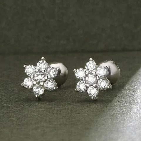 S925 Sterling Silver Flower Stud Earrings For Women Korean Style Sparkling Rhinestone Screw Back Ear Bone Jewelry No Removal For Sleep