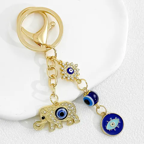 Vintage Bohemian Evil Eye Elephant Heart Keychain For Women Gold Silver Zinc Alloy Rhinestone Bag Pendant Key Ring