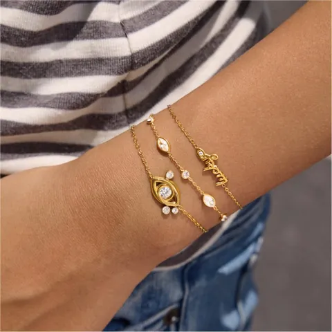 18K Gold Plated Stainless Steel Evil Eye Bracelet For Women Lucky Letter Rhinestone Layering Chain Bracelet Fashion Jewelry