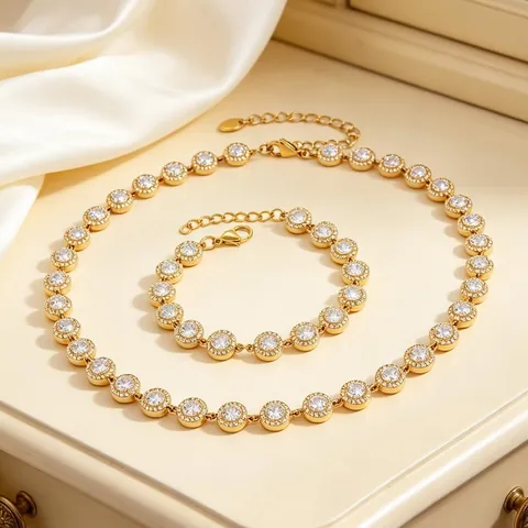 Parure de Bijoux Collier et Bracelet en Acier Titane avec Strass Halo Design Rond de Luxe pour Femme Cadeau de Fête