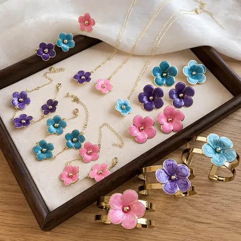 Island Resort Style Iron Enamel Floral Jewelry Set For Women Fashion Niche Design Flower Necklace Earrings Ring Bracelet Set