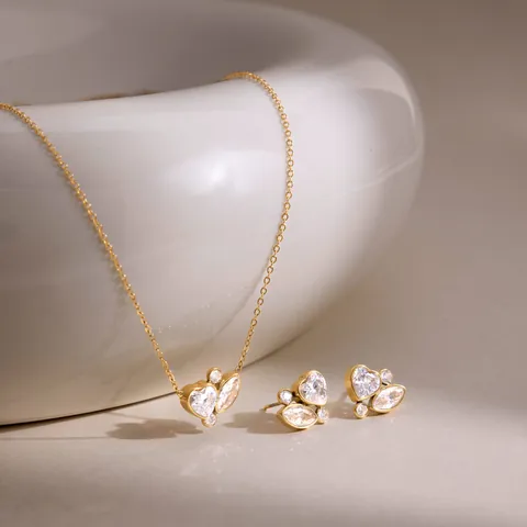 18K Gold Plated Stainless Steel Heart Marquise Rhinestone Necklace Stud Earring Jewelry Set For Women Light Luxury Elegant Gift