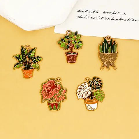 Breloques de Plantes en Pot pour Fabrication de Bijoux DIY Alliage de Zinc Émail Monstera Aloe Feuille de Bananier Pendentif pour Bracelet
