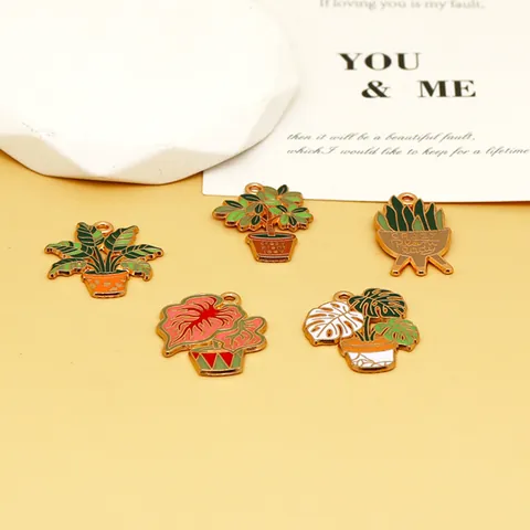 Breloques de Plantes en Pot pour Fabrication de Bijoux DIY Alliage de Zinc Émail Monstera Aloe Feuille de Bananier Pendentif pour Bracelet