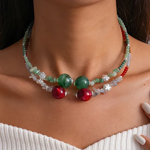 Vintage Open Choker Necklace For Women Retro Acrylic Glass Beaded Collar Ink Pattern Alloy Rhinestone Clavicle Chain Jewelry