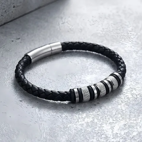 Men Braided Microfiber Leather Bracelet With Knurled Titanium Steel Beads Magnetic Clasp Industrial Style Wristband Jewelry