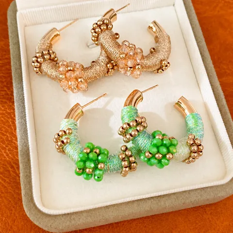 Pendientes de Botón de Cuentas de Vidrio en Forma de C Vintage Francés Con Poste de Plata Joyas Tejidas de Cuerda Colorida Para Mujer Regalo