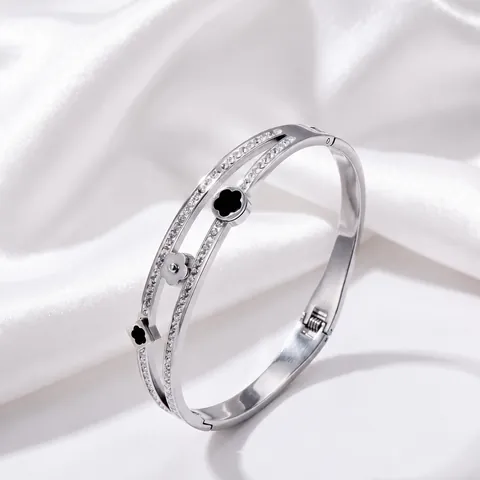Luxury Stainless Steel Lucky Clover Rhinestone Bangle Bracelet For Women Vintage Fashion Double Layer Hollow Cuff Jewelry