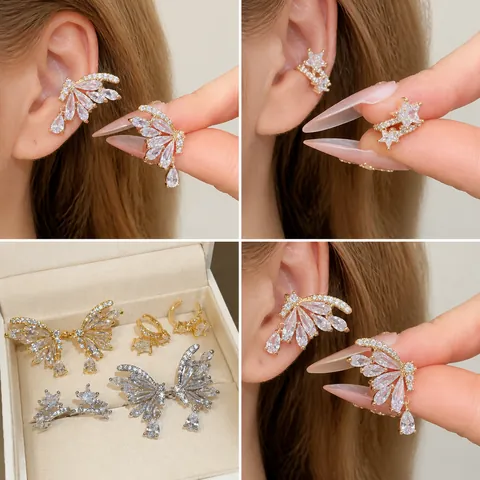 Luxury 18K Gold Plated Copper Zirconia Butterfly Star Ear Cuff Non Pierced Water Drop Earrings For Women Design Fashion Jewelry