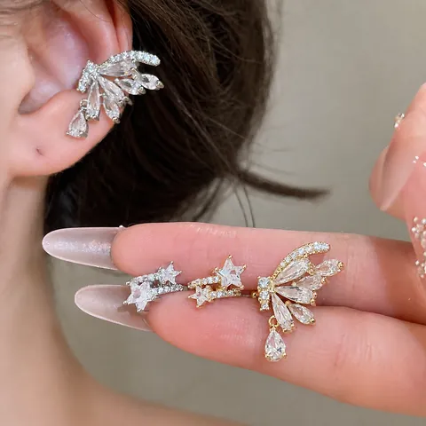 Luxury 18K Gold Plated Copper Zirconia Butterfly Star Ear Cuff Non Pierced Water Drop Earrings For Women Design Fashion Jewelry