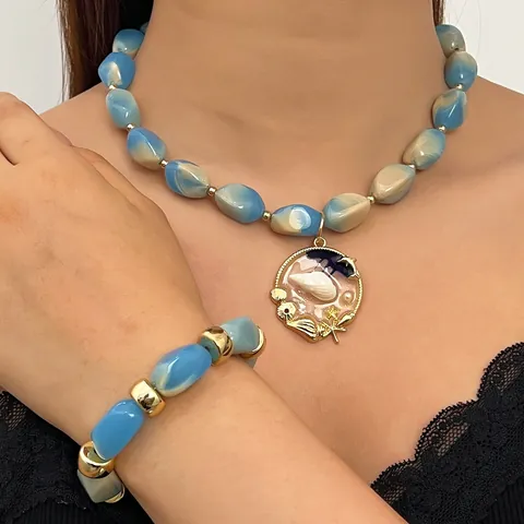 Resin Blue White Ombre Ocean Theme Necklace And Bracelet For Women Electroplated Alloy Shell Starfish Pendant Jewelry Accessory