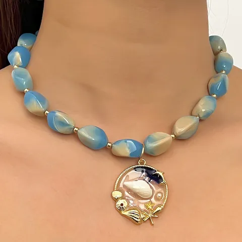 Resin Blue White Ombre Ocean Theme Necklace And Bracelet For Women Electroplated Alloy Shell Starfish Pendant Jewelry Accessory